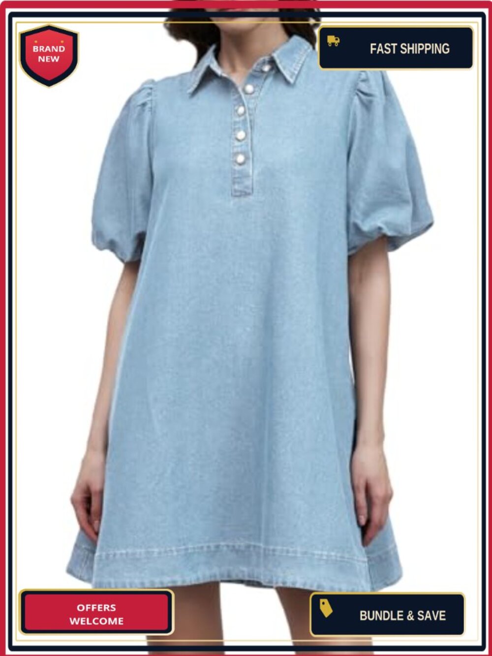 Women Puff Sleeve Denim Babydoll Mini Dress, Casual Jean Dress, Button Down
